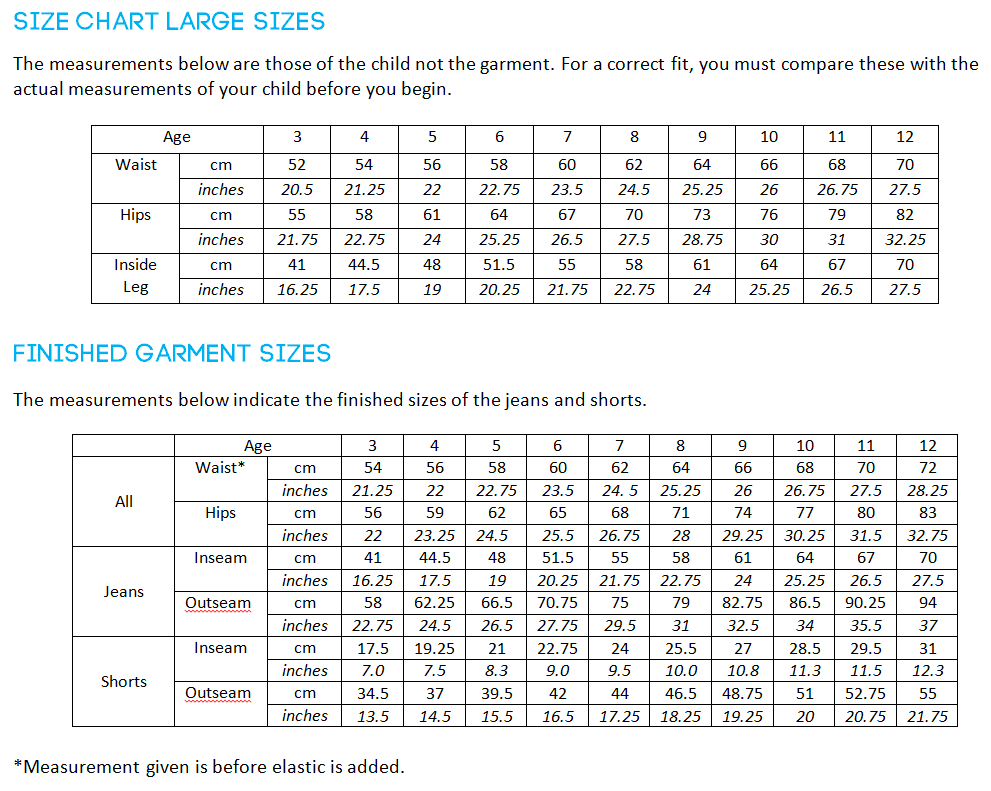 grace jeans size chart